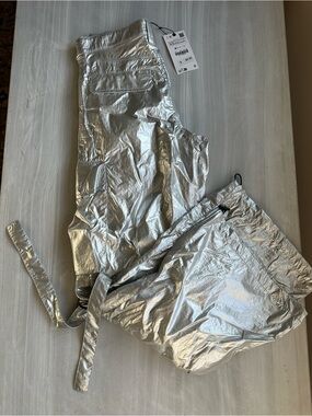 Zara Silver Metallic Cargo Jumpsuit
